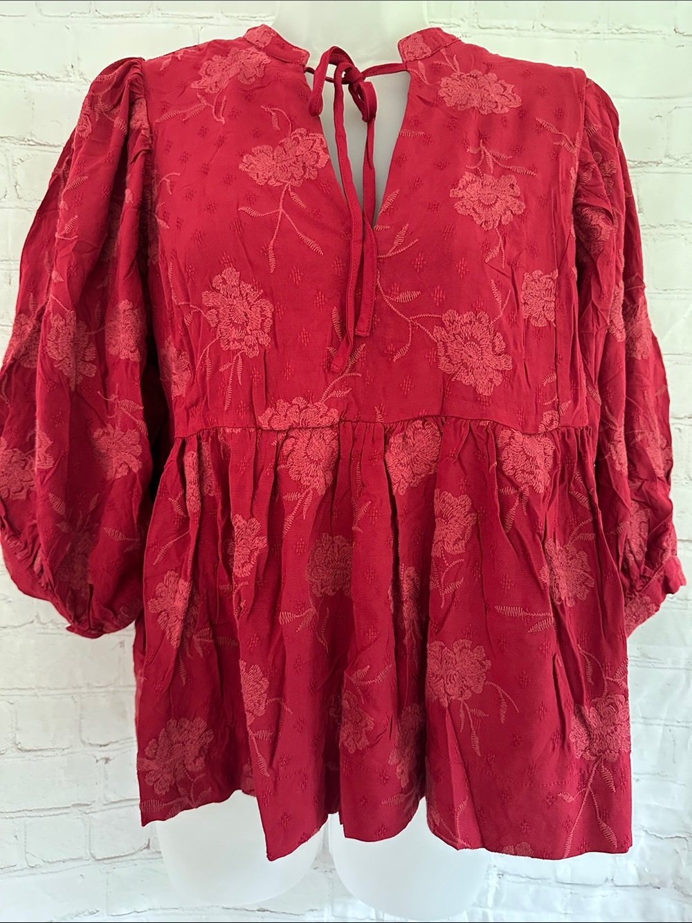 Dear John NWT Dark Red Floral V Neck Peasant Blouse w/Ballon Sleeves size M